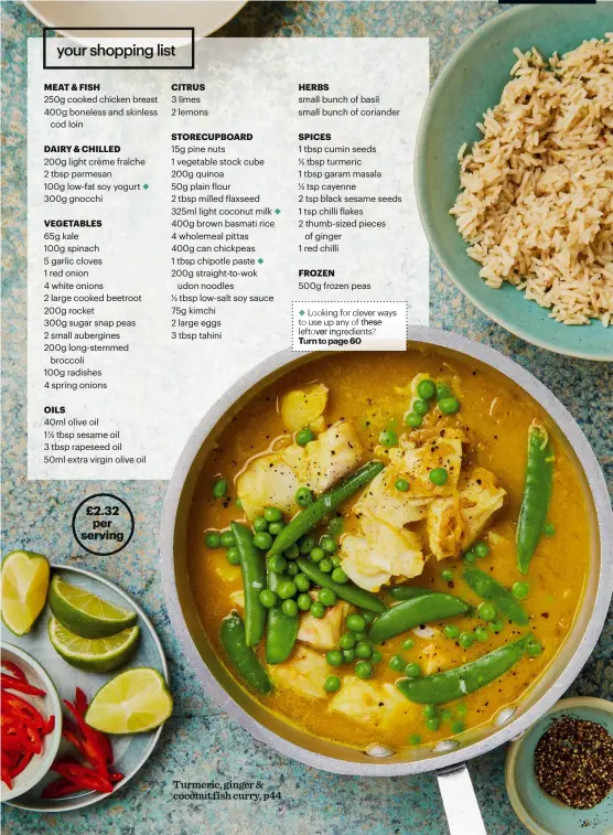  ??  ?? Turmeric, ginger & coconut fish curry, p44 £2.32
per serving