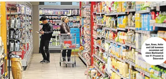  ?? ?? Spar, Rewe, Hofer und Lidl kommen zusammen auf einen Marktantei­l von 91 Prozent in Österreich