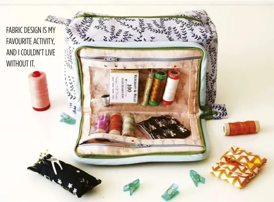  ??  ?? The All-in-One Box Pouch is Aneela's take on a portable sewing room – the work in progress tucks into the spacious interior, while the threads and tools fit into the zipped pockets! Just one of the inspiring patterns on her blog at...