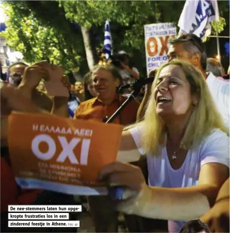  ?? Foto: ap ?? De nee-stemmers laten hun opgekropte frustratie­s los in een zinderend feestje in Athene.