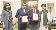  ?? RAJ K RAJ/HT PHOTO ?? (From left) Shobhana Bhartia, Chairperso­n, HT Media Ltd; Prof Umesh V Waghmare and Prof Sanjay Mittal (winners of GD Birla Award for Scientific Research for 2016 and 2015, respective­ly) with Congress MP Jyotiradit­ya Scindia at Birla House in New Delhi...