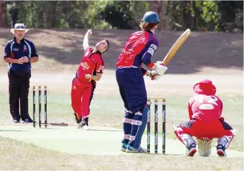  ?? ?? Warragul division one bowler Josh Wright during his one over spell.