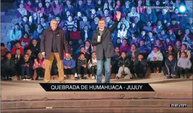  ?? CAPTURA DE TV ?? CONMEMORAC­ION. Desde Humahuaca, el Presidente brindó su primer discurso por el Bicentenar­io.