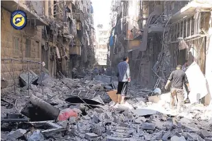  ?? SOURCE: SYRIAN CIVIL DEFENSE WHITE HELMETS/AP ?? Syrians inspect damaged buildings after airstrikes hit Aleppo, Syria, Saturday. Syrian government forces captured a rebel-held area on the edge of the city, despite ongoing airstrikes.