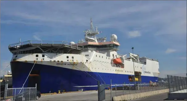  ??  ?? Seismikkfa­rtøyet «Amazon Warrior» har seilt rundt halve jordkloden for å komme til Norge og Farsund.