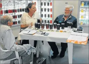  ??  ?? BUZZING OF THE BEES: Chatting about bees and the production of honey were, from left, senior honey judge Reg Leveridge of KwaZulu-Natal, learner judge Kim McLean and Reg Morgan of Komani