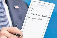  ??  ?? SCRAMBLING TO KEEP HIS COMPOSURE: In the middle of a livestream, Friday a staffer hands President Biden a note (1) pointing out he has a crumb on his chin (top). He reads the note (2) — and then seemingly eats the apparent bit of egg (3), before accidental­ly showing the press the note (below).