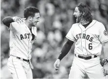  ?? Brett Coomer / Houston Chronicle ?? The highlight of the Astros’ winning streak may have been a walk-off hit by Alex Bregman, left, against the Rays on Monday.