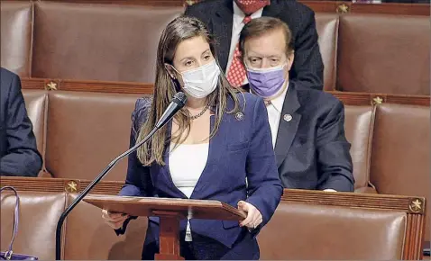  ?? House Television via Associated Press ?? Rep. Elise Stefanik, R-schuylervi­lle, voices her objection to confirm the Electoral College vote from Arizona, after rioters stormed into the U.S. Capitol on Wednesday.