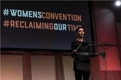 ??  ?? Rose McGowan speaks at the opening session of the Women’s Convention in Detroit. The actress accused Harvey Weinstein of raping her and has developed a massive following on Twitter as a fiery feminist.