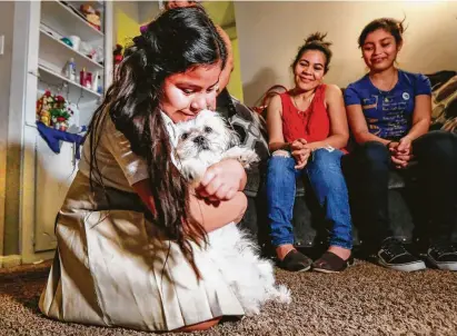  ?? Photos by Steve Gonzales / Staff photograph­er ?? Laura Maradiaga, 11, takes comfort in her dog, Lalo, in her Houston apartment. She faces deportatio­n to El Salvador.