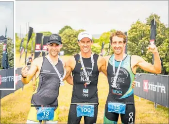  ?? PHOTO / XTERRA ?? Ryan Sissons, middle, won the elite men’s race, Sam Osborne, right, was second, and Taylor Charlton, left, was third.