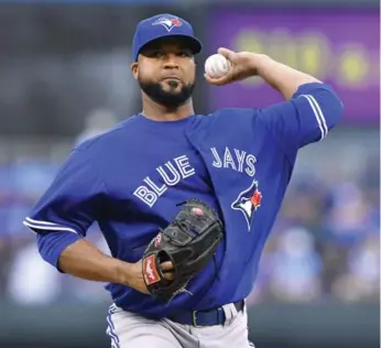  ?? JOHN SLEEZER/TNS ?? Francisco Liriano delivers in his Blue Jays debut against the Royals on Friday night in K.C. He went six innings.