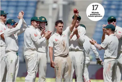  ?? PTI ?? Wickets grabbed by Aussie spinners Steve O’Keefe scythed through India twice with identical figures of 6-35 during the first Test in Pune. —