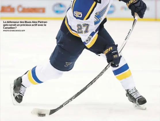  ?? PHOTO D’ARCHIVES AFP ?? Le défenseur des Blues Alex Pietrangel­o serait un précieux actif avec le Canadien ?