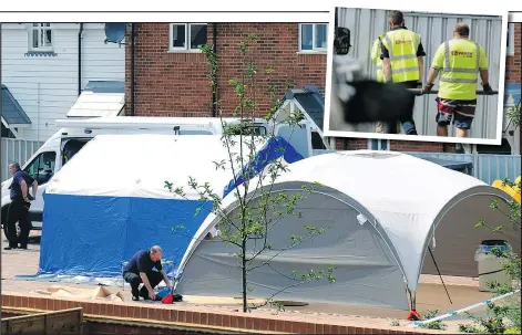  ?? MATT DUNHAM/AP ?? Police probe the scene where two people were left in a critical condition, in Amesbury, England, Saturday. They say it’s the second incident in four months involving military-grade poison developed in Russia.