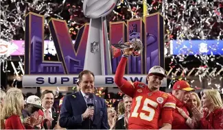  ?? ?? Kansas City Chiefs quarterbac­k Patrick Mahomes (15) celebrates after the NFL Super Bowl 58 football game against the San Francisco 49ers, Sunday, Feb. 11, 2024, in Las Vegas.