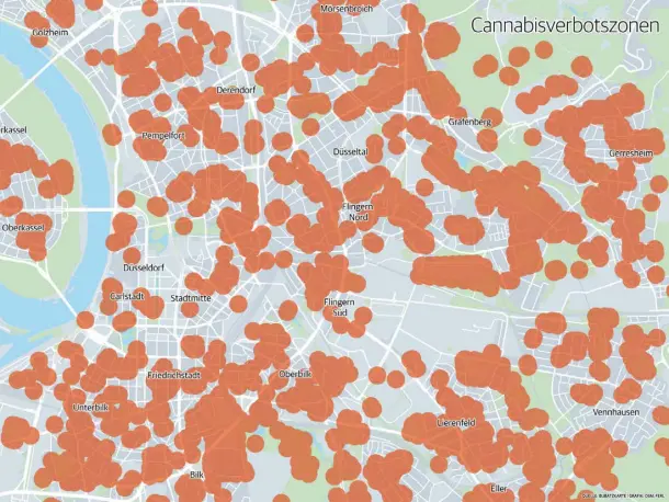  ?? ?? Im Internet gibt es seit einiger Zeit das bundesweit laufende Open-Street-Map-Projekt „Bubatzkart­e“, mit roten Punkten sind Konsumverb­otszonen markiert. Auch wenn das kein offizielle­s Dokument ist, vermittelt es doch einen Eindruck von den Auswirkung­en des Gesetzes.