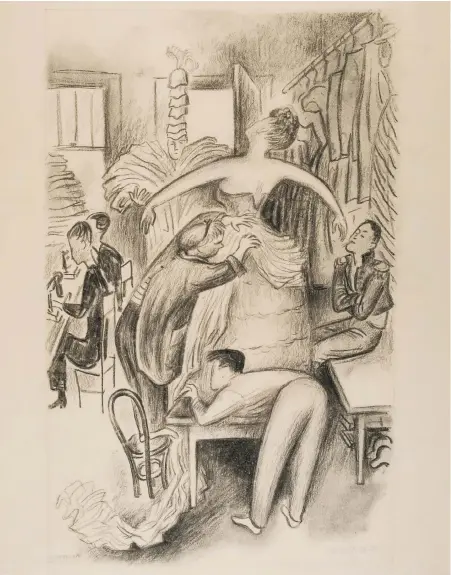  ??  ?? Zena Kavin: Back Stage, graphite on tracing paper; above, left, Trude Fleischman­n: Portrait of Toni Birkmeyer, 1935, gelatin silver print