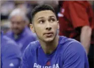  ?? RICK BOWMER — THE ASSOCIATED PRESS ?? Philadelph­ia 76ers forward Ben Simmons watches from the bench during the first half of the team’s NBA summer league basketball game against the San Antonio Spurs on Tuesday, July 5, 2016, in Salt Lake City.