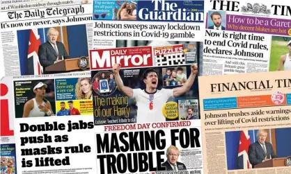  ??  ?? The UK newspaper front pages on Tuesday, 6 July 2021. Composite: Various