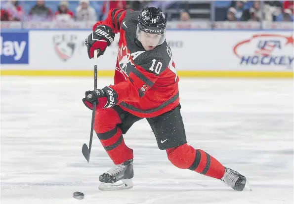  ?? NICHOLAS T. LOVERDE/GETTY IMAGES ?? Kale Clague, shown playing for Canada at the world junior hockey championsh­ip, will suit up for the Moose Jaw Warriors Friday against the Pats.