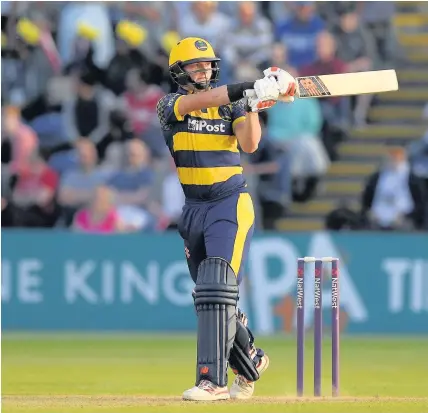  ??  ?? Glamorgan batsman Aneurin Donald hits out during the NatWest T20 Blast match against Hampshire at SWALEC Stadium