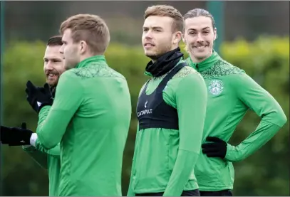  ??  ?? Jackson Irvine (right) is all smiles in training after joining Hibs last week on a six-month contract