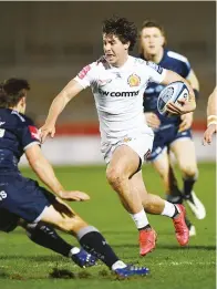  ??  ?? Scintillat­ing: Exeter wing Facundo Cordero bursts through to score the first Exeter try