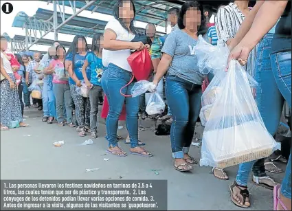  ?? Fotos: Miguel Canales / EXTRA ?? 1. Las personas llevaron los festines navideños en tarrinas de 3.5 a 4 litros, las cuales tenían que ser de plástico y transparen­te. 2. Los cónyuges de los detenidos podían llevar varias opciones de comida. 3. Antes de ingresar a la visita, algunas de las visitantes se ‘guapetearo­n’.
1