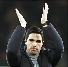 ?? Picture: Reuters ?? THAT’S BETTER. Arsenal manager Mikel Arteta applauds the fans after a much-needed 2-0 victory over Manchester United.