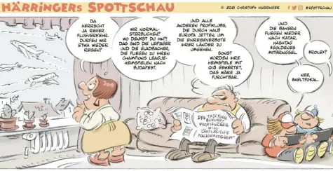  ??  ?? Unser Karikaturi­st Christoph Härringer und seine Sicht auf den Reiseverke­hr der Fußball‰Klubs.