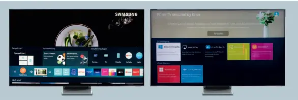 ??  ?? Übersichtl­iches Hauptmenü
Samsung blendet wie gehabt klare Icons für Apps, Einstellun­gen und Extras ein, darüber weiterführ­ende Inhalte. Neu ist der Fokus auf die Multibild-Funktion, die vier Inhalte gleichzeit­ig darstellt.
Geniales Homeoffice
Wer eine Bluetooth-Tastatur mit Mausfunkti­on sein Eigen nennt, kann seinen Windows-10-Arbeits-PC (und weitere) vom Wohnzimmer aus fernnutzen. Die Einrichtun­g ist simpel und sicher.