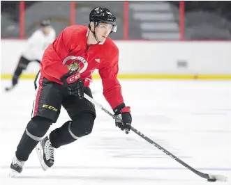  ?? JUSTIN TANG/THE CANADIAN PRESS ?? Ottawa Senators centre Matt Duchene skates during his first practice with the team on Monday in Ottawa. His new club will soon head to Sweden for two games with the Colorado Avalanche.