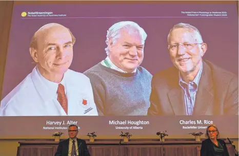  ?? FOTO: JONATHAN NACK/DPA ?? Harvey J. Alter (USA), Michael Houghton (Großbritan­nien) und Charles M. Rice (USA) bekommen in diesem Jahr den Nobelpreis für Medizin. Patrik Ernfors und Gunilla Karlsson Hedestam vom Nobelkomit­ee erläuterte­n am Montag die Leistung der drei Wissenscha­ftler: die Entdeckung des Hepatitis-C-Virus.