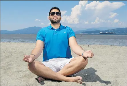  ?? PHOTOS: JENELLE SCHNEIDER/PNG ?? Physician Dr. Rajak Randhawa, demonstrat­ing a yoga pose on Locarno Beach in Vancouver, prefers lifting weights and playing sports but acknowledg­es the benefits of doing yoga.