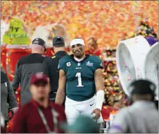  ?? ROSS D. FRANKLIN - AP ?? Philadelph­ia Eagles quarterbac­k Jalen Hurts (1) reacts after their loss against the Kansas City Chiefs in Super Bowl 57, Sunday, Feb. 12, 2023, in Glendale, Ariz. Kansas City Chiefs defeated the Philadelph­ia Eagles 38-35.