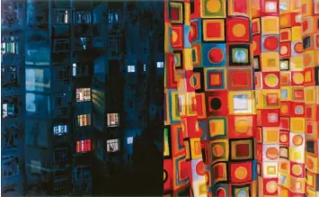  ??  ?? Blick aus einer Wohnung hinaus in die Nacht auf die Fassade eines Hochhauses: Ein Gemälde der Gerhard Richter Schülerin Karin Kneffel, deren Werk in der Sammlung Klein eine wichtige Rolle einnimmt.