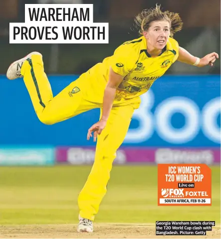  ?? Picture: Getty ?? Georgia Wareham bowls during the T20 World Cup clash with Bangladesh.