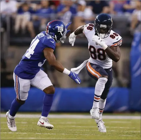  ?? ADAM HUNGER — THE ASSOCIATED PRESS ?? Chicago Bears wide receiver Riley Ridley (88) and Giants defensive back Grant Haley (34) break downfield during the first quarter of Friday’s preseason game at MetLife Stadium.