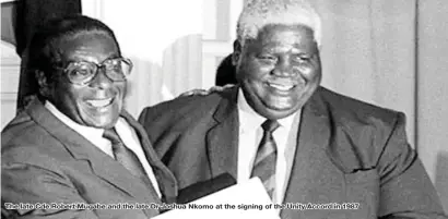  ??  ?? The late Cde Robert Mugabe and the late Dr Joshua Nkomo at the signing of the Unity Accord in 1987