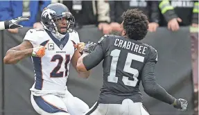  ??  ?? Aqib Talib and Michael Crabtree squared off on Sunday. BEN MARGOT/AP