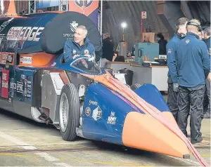  ?? Picture: PA. ?? A British car designed to reach 1,000mph has been tested in public for the first time.
Bloodhound SSC was driven by ex-RAF fighter pilot Andy Green along the runway at Cornwall Airport, Newquay. It accelerate­d from 0-200mph in eight seconds during the...