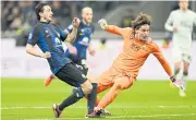  ?? REUTERS ?? Inter Milan’s Matteo Darmian, left, scores their first goal against Atalanta.