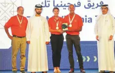  ?? Pankaj Sharma/Gulf News ?? Shaikh Mansour with Team FutureHAUS by Virginia Tech, US, at the Solar Decathlon Middle East Awards Ceremony.