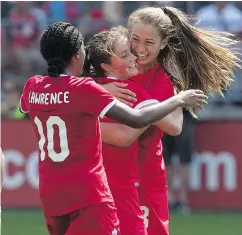  ?? — THE CANADIAN PRESS FILES ?? Canada’s Jordyn Huitema, right, propelled her team into semifinals of the U17 women’s World Cup, with a goal against Germany.