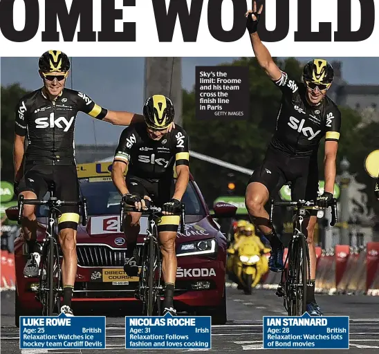  ?? GETTY IMAGES ?? Sky’s the limit: Froome and his team cross the finish line in Paris