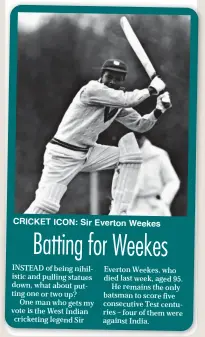  ??  ?? CRICKET ICON: Sir Everton Weekes