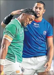  ??  ?? Bundee Aki trudges off after yesterday’s red card