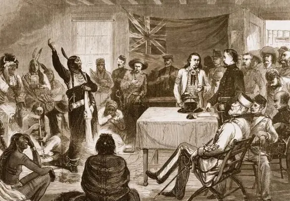  ??  ?? A New York Graphic engraving of the Sitting Bull Commission meeting with Lakota chiefs at Fort Walsh, North-West Territorie­s, on October 17, 1877. Sitting Bull is depicted with his arm raised. Commission head General Alfred Terry stands facing him.